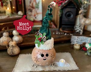 A handcrafted Christmas Elf decoration made with a real dried gourd. I have carved a happy face and snowflakes into the shell.